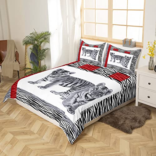 Castle Fairy Tiger Baby Duvet Cover Twin Size, Kawaii Little Tiger Wildlife Animal Theme Red Stripes Geometric Comforter Cover Kids Boys Room, Zebra Skin Fur Print Bedding 1 Pillwocase, Black White #TOP2