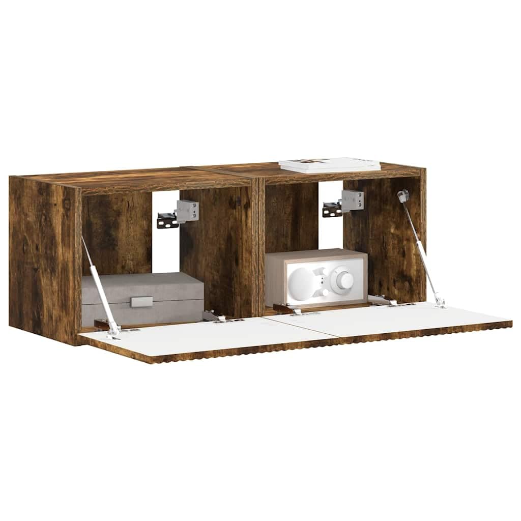 TV-Wandschrank 2er-Set, Geräucherte Eiche, 60x31x29,5 cm, Modernes Design, Wandmontiertes TV-Regal für Wohnzimmer, Media Center mit Stauraum