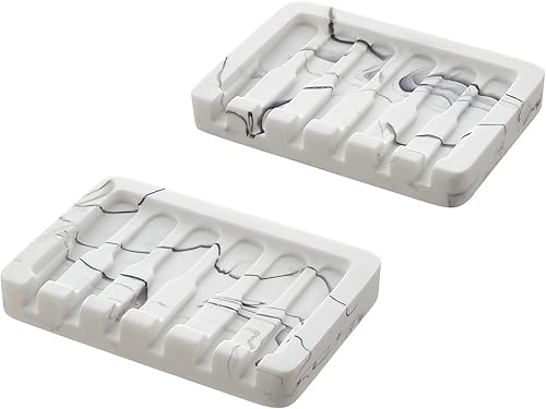 Jabonera autodrenante, 2 piezas, con aspecto de mármol, bandeja para guardar jabón, contenedor de esponja para baño, ducha, cocina, color blanco