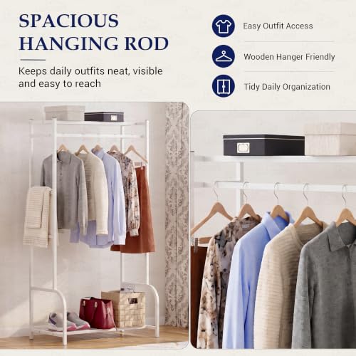 Image of Lukzer Metal Cloth Stand with Bottom Shelf | Freestanding Garment Stand for Hanging Clothes, Towels & Shoes | DIY Storage Organizer Rack for Bedroom, Laundry, Balcony & Entryway (White /80x150x43 cm)