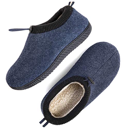ULTRAIDEAS Men's Cozy Memory Foam Woolen Slippers with Elasticated Collar, Warm Closed Back House Shoes with Indoor Outdoor Anti-Skid Rubber Sole (Navy Blue, Size 13)