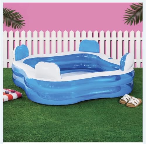 New||Inflatable Mini Family Pool with 4 Integrated Seats Comfort-Grip Dual Headrests Blue PVC 183 x 183 x 51 cm||
