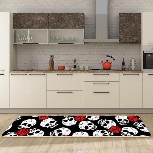 Alfombrillas de cocina lavables con estampado de calaveras y rosas rojas sobre negro 3