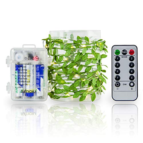 Lichterkette Batterie mit Timing-Funktion,3 Meter 40 LEDs Beleuchtung mit Fernbedienung Warmweiß 8 Modi Silberdraht Dekoration - Blätter Lichterkette Batteriebetrieb