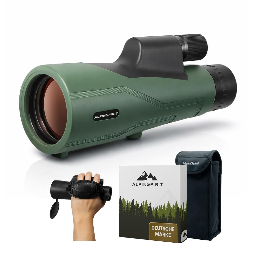 AlpinSpirit© Monokular 12x50 mit Nitrogen, inkl. Handschlaufe [IPX6,FMC & BAK4],geeignet für Erwachsene,HD Weitsicht Fernrohr,Monocular, wasserabweisend,für Jagd,Wandern,mit Tasche