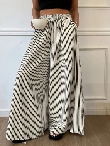 Womens Striped Pants Elastic Waist Palazzo Pants Casual Lounge Wide Leg Trousers2