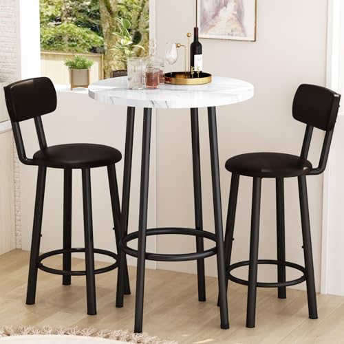 LTTROMAT 3 Piece Round Bar Table Set of 2,Mordern Bistro Table with 2 Counter Height Barstools, Faux Marble Pub Table for Small Space,Small Dining Table for Bar, Dining Room, Bistro Cafe,White