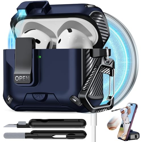 Image of for AirPods 4 Case with Lock (Blue) | Compatible with MagSafe,with Phone Stand,with Automatic Snap Switch Carbon Fiber Design Protection Cover with Cleaning Pen
