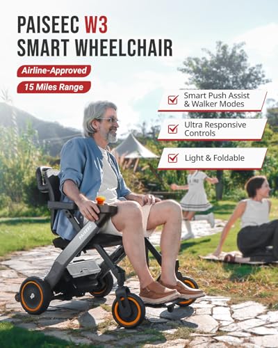 Image of Paiseec Electric Wheelchair, Lightweight Foldable Powered Mobility Chair for Adults, 16 Miles Range, Folding Wheelchair, Push-Assist Technology, Works as Rollator