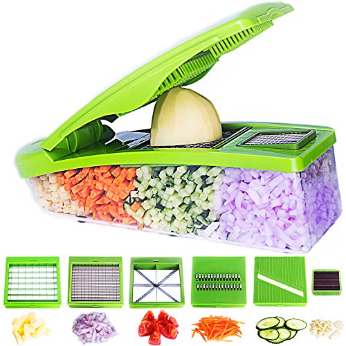 Pro Vegetable Chopper by DOTERNITY - Vegetable Grater Potato Slicer - Cutter for Cucumber, Onion with 6 Stainless Steel Blades - Tomato Mandolin Slicer - Food Container with Storage Lid