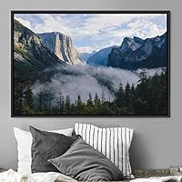 Framed Canvas Wall Art Foggy Mountains Aerial Cool Multicolor Nature Photography Realism Relax/Calm Rustic Wilderness - 16x24 inches