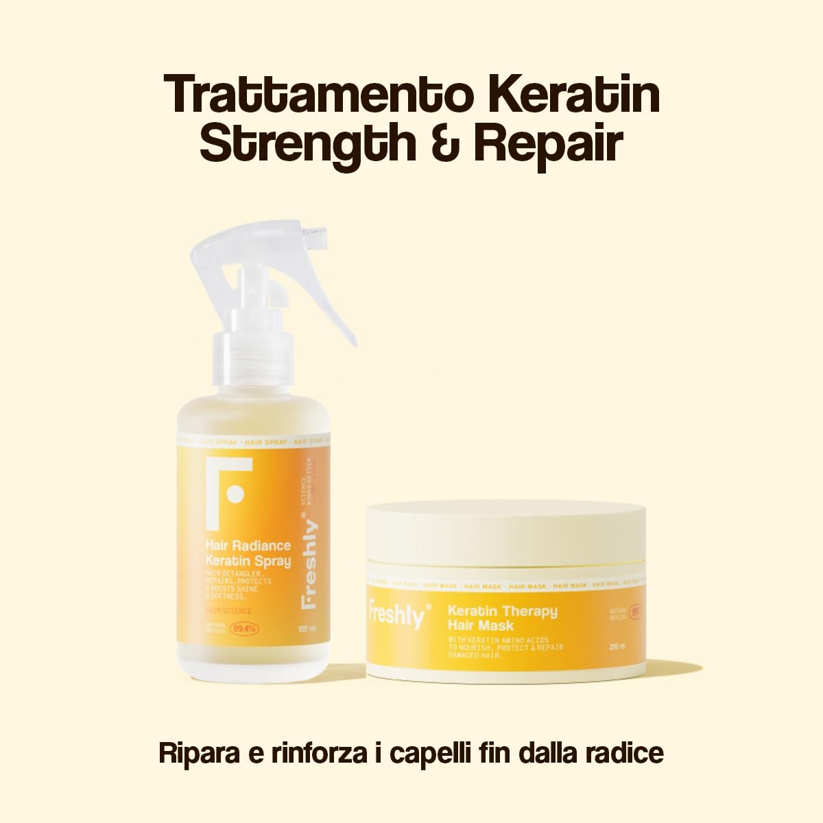 Freshly - Keratin Strength & Repair Pack – Routine Capillare Naturale per Capelli Danneggiati – Maschera Riparatrice + Spray Districante – Con Cheratina Vegana Biomimetica – 99% Naturale