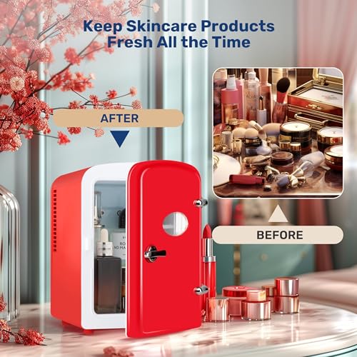 Image of Simple Deluxe Mini Fridge with Observation Window 6 Can Portable Cooler & Warmer Freon-Free Small Refrigerator, Compact Fridge for Skincare, Beverage, 4L with Window, Red