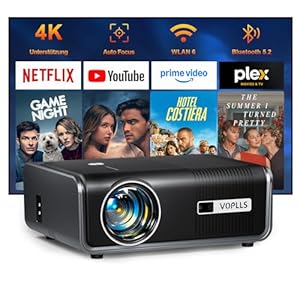 Smart Beamer 4k [Offiziell Netflix & Dolby Audio] VOPLLS Autofokus/Trapezkorrektur 30000 Lumen Projektor, WiFi6 Bluetooth Full HD 1080P Beamer Heimkino/Outdoor für Handy/PC