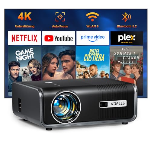 Smart Beamer 4k [Offiziell Netflix & Dolby Audio] VOPLLS Autofokus/Trapezkorrektur 30000 Lumen Projektor, WiFi6 Bluetooth Full HD 1080P Beamer Heimkino/Outdoor für Handy/PC