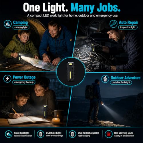 TFFUAM 180°Rotating Head LED Work Light, Magnetic Base & USB-C Rechargeable, Dual Beam Pocket Flashlight with Clip, Hands-Free Work Light for Auto Repair, Camping, Mechanic, Home & Emergency (1) - image 8