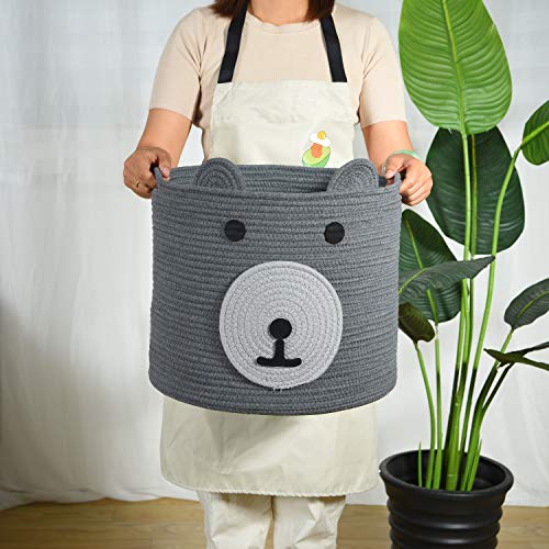 Infibay Cotton Rope Storage Basket With Cute Bear Design, Toy Storage Bin With Handles, Woven Laundry Hamper, Baby Nursery Organizer For Toys, Blanket, Clothes, Towels, 12”(D) X 11”(H) #TOP7