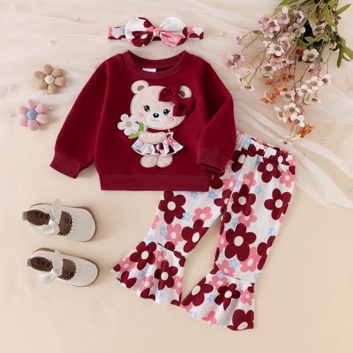 Image of Baby Girl Clothes Fall Winter Long Sleeve Bear Cartoon Sweatshirt Flare Pants Bow Headband Set 6 Months-4 Years Old