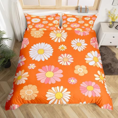 Homemissing Super King 60s 70s Fashion Retro Bed Set Hippie Flower Duvet Cover Retro Bohemian Plant Flower Comforter Cover Set Plant Flower Orange Set Comforter Cover Set