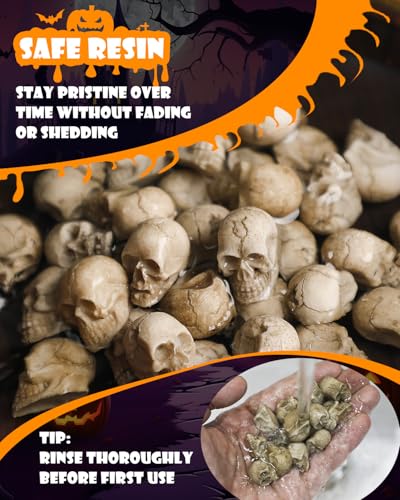 Image of Uniclife 20 Pcs Halloween Mini Skull Decorations, Halloween Fish Tank Decor, Realistic Resin Mini Skulls Figurines for Party Crafts Bar Home, Vase Fillers, Miniature Skeleton Head Table Decor