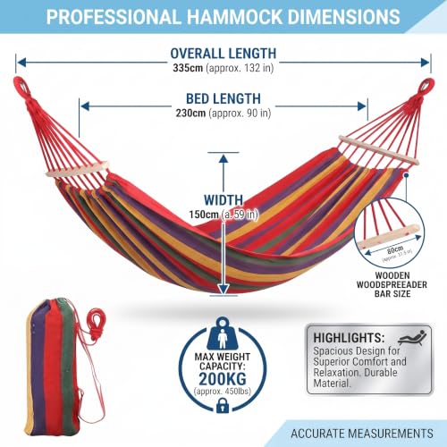Image of Baskety Double Person Cotton Canvas Hammock with Spreader Bars, Ultralight Travel & Camping Swing Bed for Balcony, Garden, Outdoor & Beach - Max Load 200KG, Red (280 x 100 cm)