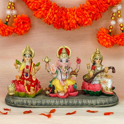 Estatua Hindu Ganesh Lakshmi Saraswati Polystone 3.9"