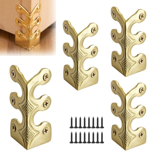 Image of 4 pcs Solid Brass Baseboard Corner Protectors, Skirting Board Corner Protectors, Vintage Metal Corner Protector Table Corner Edge Cover Safety Bracket with Screws (4, Gold)