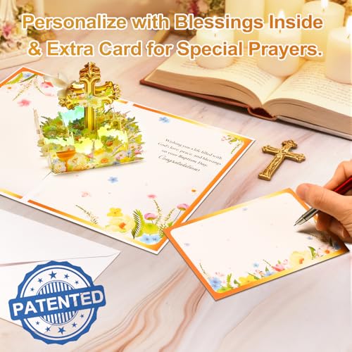 Image of Baptism Pop Up Card with Lights, 3D Musical Christening Greeting Cards | Popup Gold Cross & Dove Design, Sacred Religious Keepsake Baptism Gift Cards with Envelope for Boys Girls