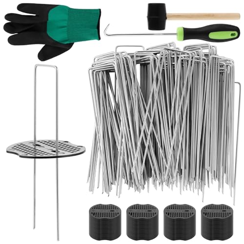 MIVIDE Lot de 100 Piquets de Fixation pour Jardin 150 x 35 mm + 100 Disques Tampons, Ø 2.2mm Piquets de Fixation en Acier Galvanisé Forme de U pour Toiles de Paillages, Filets
