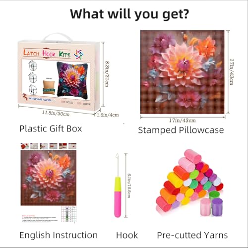 Image of Beautiful Flowers Dahlia DIY Latch Hook Pillow Kits for Adults Printed Pillowcase Crochet Yarns Hooking Handmade Pillow Cover Cushion for Home Sofa Decoration 17x17inch