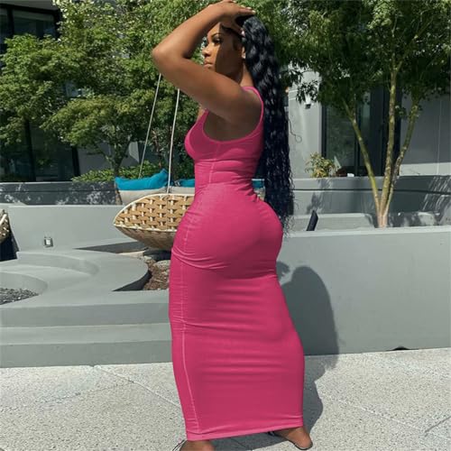 Image of Nimsruc Women Casual Sexy Deep U Neck Tank Top Bodycon Dress Summer Sleeveless Wrap Long Basic Party Club Maxi Dresses
