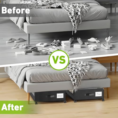 Image of YAASHEEN Under Bed Storage with Wheels, 4-Pack Under Bed Storage Containers with Clear Lids & Label, XXL 60L Rolling Metal Drawer for Clothes, Shoes, Toys, Books - Black