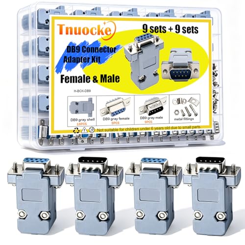 Tnuocke 18Pack DB9 Connector Adapter Kit, 9 Pin D-SUB Male/Female Solder Cup Connectors, Tin Plated Housing, Lightweight Gray Plastic Hoods, Individually Bagged
