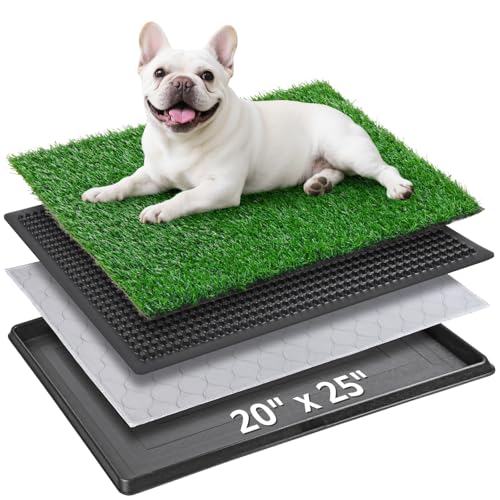 Image of Portable Dog Grass Pad with Tray 20''x25'': Dog Litter Box with Artificial Grass Patch Bathroom Mat & Washable Pee Pad for Puppy Potty Training, Pet Loo Indoor Outdoor Use for Patio Balcony Apartment