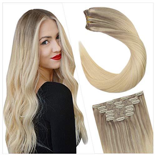 Ugeat 18Inch Clip in Hair Extensions Hair Extensions 100Gram #18/22/60 Blonde Balayage Hair Extensions Clip in Human Hair 7PCS Clip in Human Hair Extensions Human Hair Natural
