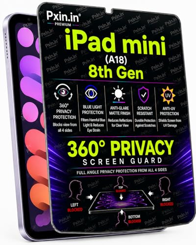 Image of Pxin 360 Pro Privacy Screen guard compatible with iPad mini (A18) | Anti Glare | Anti UV | Anti Blue | Anti Reflection | Privacy Filter | Unbreakable Build