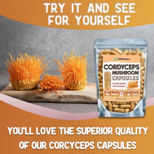 Image of XPRS Nutra Cordyceps Mushroom Powder Capsules - 180 Count (90 Day Supply) - Premium Cordyceps Mushroom Capsules Made from Real Mushrooms (Cordyceps) for Stamina and Performance