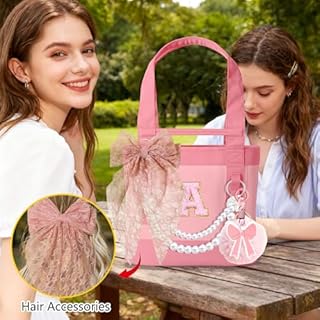 YPINGABS 5PCS Accessories Set for YETI Camino 20/35/50 & Bogg Bags, Scrunchie Bow Keychain, Faux Pearl Chain, Pom Pom Keychain, Letter Stickers for Women & Girls (A, Pink)