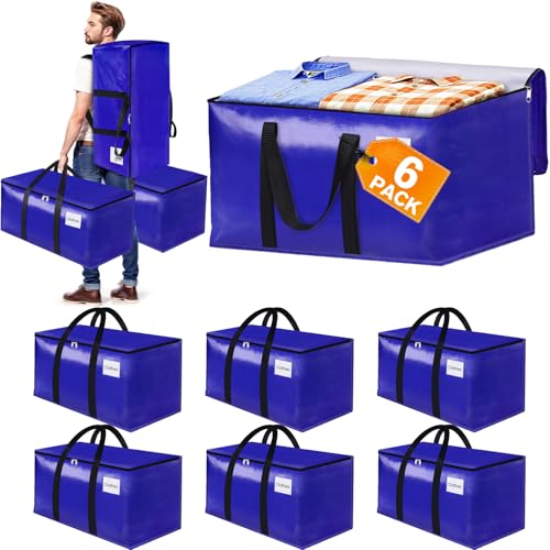FabSpace 6-Pack Moving Bags with Backpack Straps & Carry Handles, 30 Gallons-125 L Heavy Duty Storage Totes for Space Saving, Foldable Storage Bags for College Dorm, Travel, Camping (Blue)