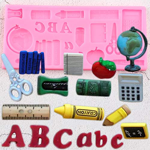 Fewear School Silicone Molds Globe Study Book Scissor Pen Fondant DIY Cake Decorating Tools Candy Clay Chocolate Gumpaste Moulds