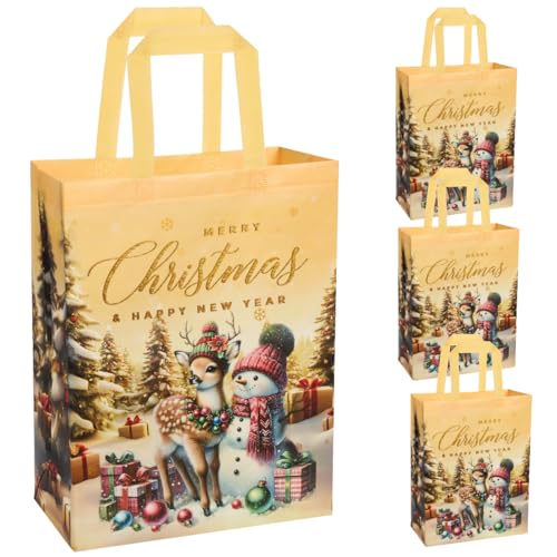 Sacos de presente natalício grandes, 4 sacos reutilizáveis de tecido não tecido amarelo com estampado de alce e boneco de neve para embrulhar presentes