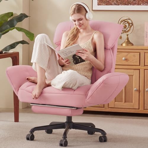 Dowinx Cross Legged Office Chair with Pivoting Armrests Criss Cross Chair with Pocket Spring Seat & Back Reclining Computer Gaming Chair with Footrest and Metal Base (Pink)