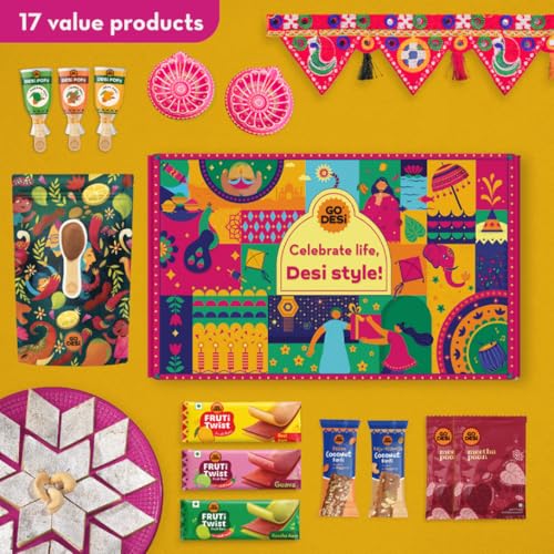 Image of GO DESi Fun Gift Box -17 Items | Kaju Katli | DESi POPz: Tangy Imli, Real Aam, Kaccha Aam | Coconut Barfis | Meetha Paan | Fruit bars