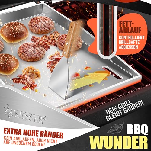 KESSER® Grillplatte Plancha aus Edelstahl 40x30cm rostfrei mit Fettablauf, hitzebeständig bis 800°C & Spülmaschinenfest für Gas & Holzkohlegrill inkl. 2 Spatel, Grillschürze, Grillmatte & Rezeptbuch 4