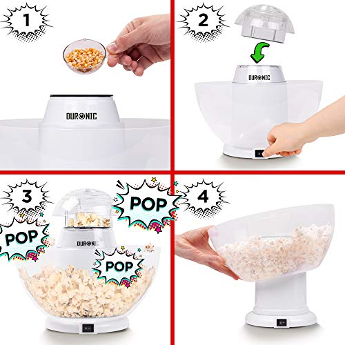 Duronic Popcorn Maker POP50-WE | Hot Air Corn Popper | Make Homemade Healthy Oil-Free Popcorn | Low Calorie Snacking | Comes with Measuring Cup and Serving Bowl | 1200W | White, Plastic