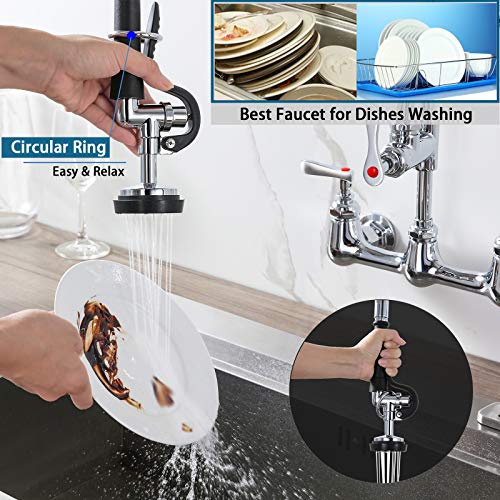 Pre-Rinse Commercial Kitchen Faucet, 25” Height Sink Faucet with 12” Add-on Spout, 8'' Adjustable Center Wall Mount, Pull down Sprayer, Stainless Steel Hose, Solid Brass, Chrome