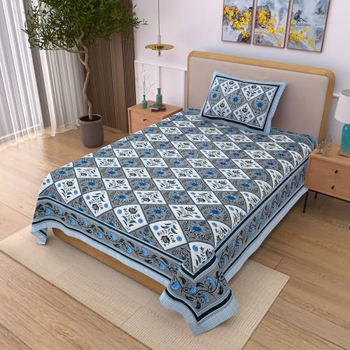 Image of 100% Cotton Single Bedsheet with 1 Pillow Cover | 240 TC Pure Cotton Flat Bed Sheet | Traditional Jaipuri Printed Bedding Set | Soft & Breathable | 60 x 90 Inch (Rangmahal Single 54)
