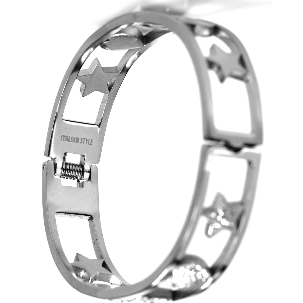 Flowers Bracciale Rigido a Manetta Interamente in Acciaio e zirconcini con Lettera Iniziale Nome e cuori Colorazioni Oro e Argento