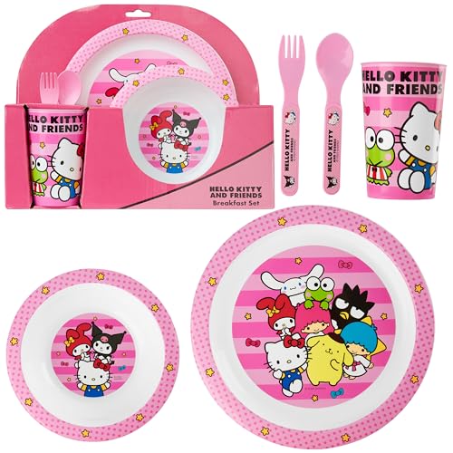 Get Trend Hello Kitty Sanrio Set Vaisselle Enfant, 5 Pièces Assiette, Bol, Gobelet, Cuillère, Fourchette, Vaisselle Plastique Réutilisable Sans BPA (Rose Hello Kitty)