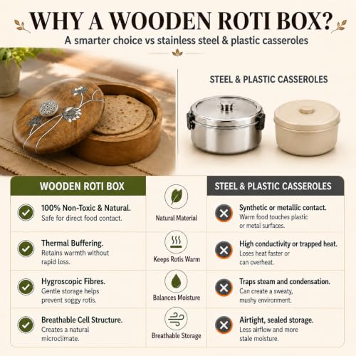 Image of Artysta 'Blooming Lotus' Wooden Chapati Box | Wooden Casserole For Roti | Chapati Box For Kitchen | Roti Box with Lid | Housewarming Gifts | Handpainted Roti Box | Mango Wood 8inch, 1080ml